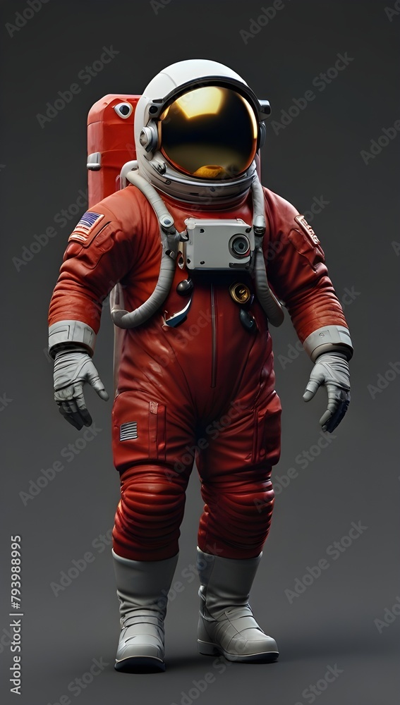 Illustration of the full body pose of an astronaut wearing a red super buoyancy suit. Generative AI Illustration of the full body pose of an astronaut wearing a red super buoyancy suit. Generative AI