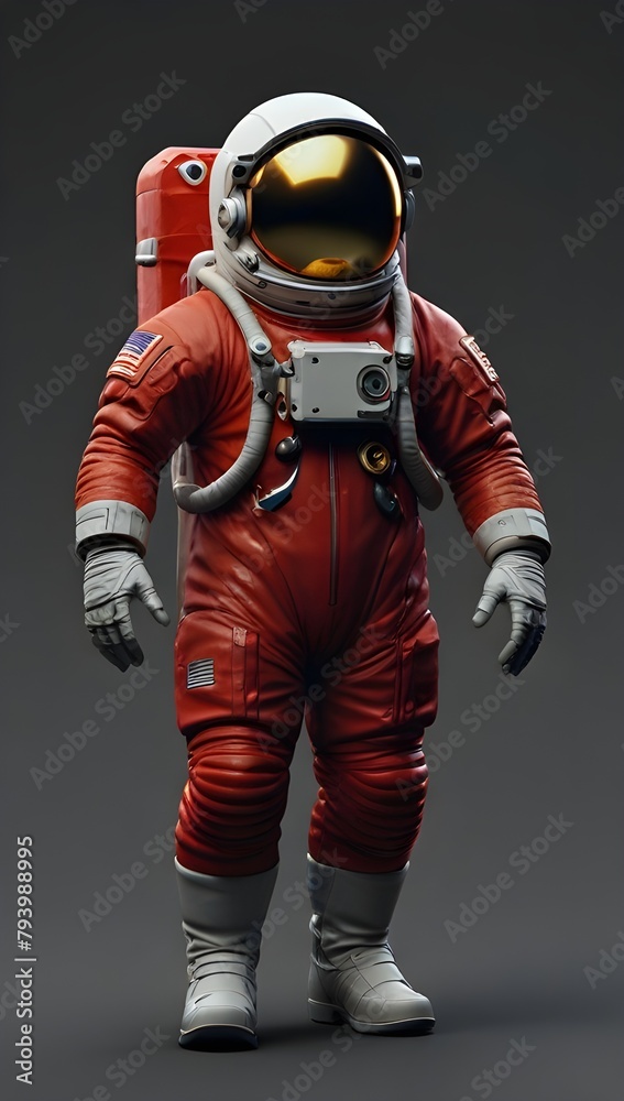 Illustration of the full body pose of an astronaut wearing a red super buoyancy suit. Generative AI