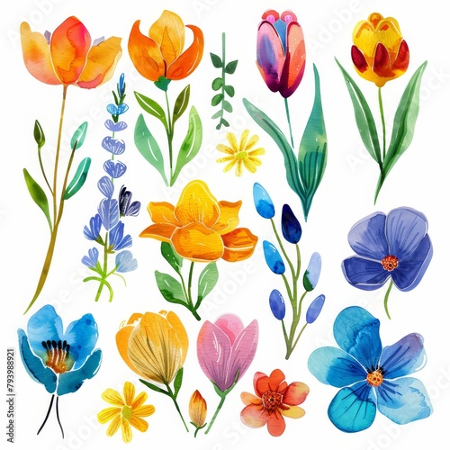 Brightly colored watercolor spring flowers  perfect for clipart  isolated --ar 1 1 Job ID  edec2c24-9f0d-475e-9f6c-9d435e68fb35