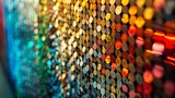 A wall of shiny colorful sequins with a blurred background.