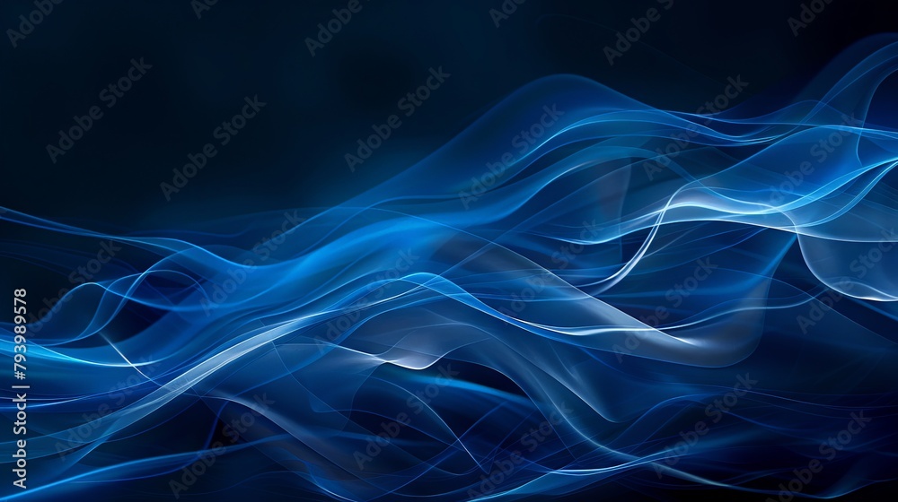 Dark blue modern background, technological lines, undulating light, abstract composition, high saturation, digital style, wide camera, perspective effect, cool colours