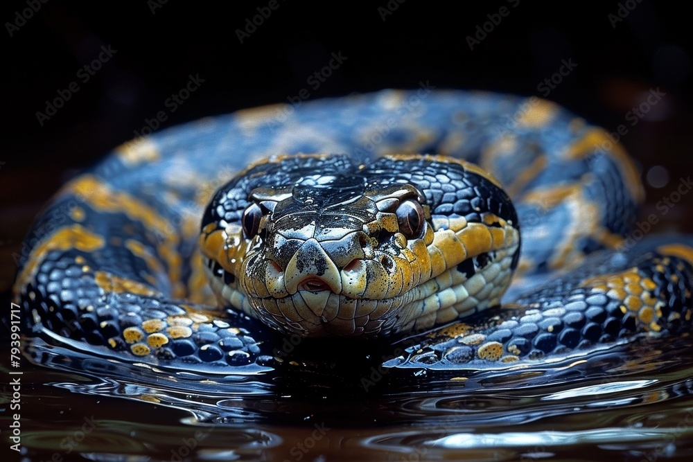 Green Anaconda: Coiled on riverbank with massive body, illustrating its role as apex predator. Green Anaconda: Coiled on riverbank with massive body, illustrating its role as apex predator.