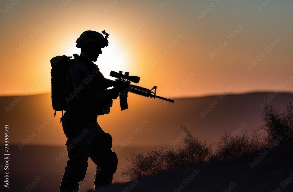 Silhouette of a military man with a weapon on the background of the sunset sky, a man with a machine gun, military actions, sunset Silhouette of a military man with a weapon on the background of the sunset sky, a man with a machine gun, military actions, sunset