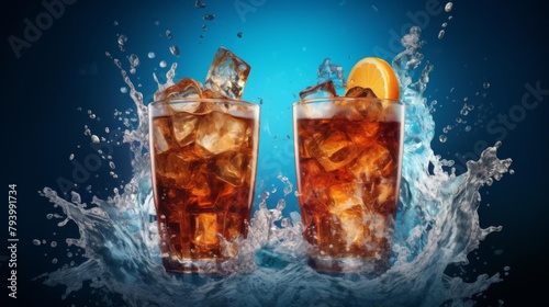 Impactful advertisement image of ice and soda interaction, with a dramatic splash and a gradient blue background to enhance visual appeal