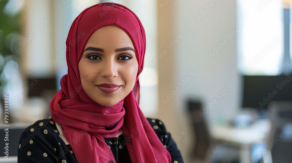 Muslim woman office worker, close up view, wearing a neat headscarf and smiling looking at the camera. Muslim woman office worker, close up view, wearing a neat headscarf and smiling looking at the camera.