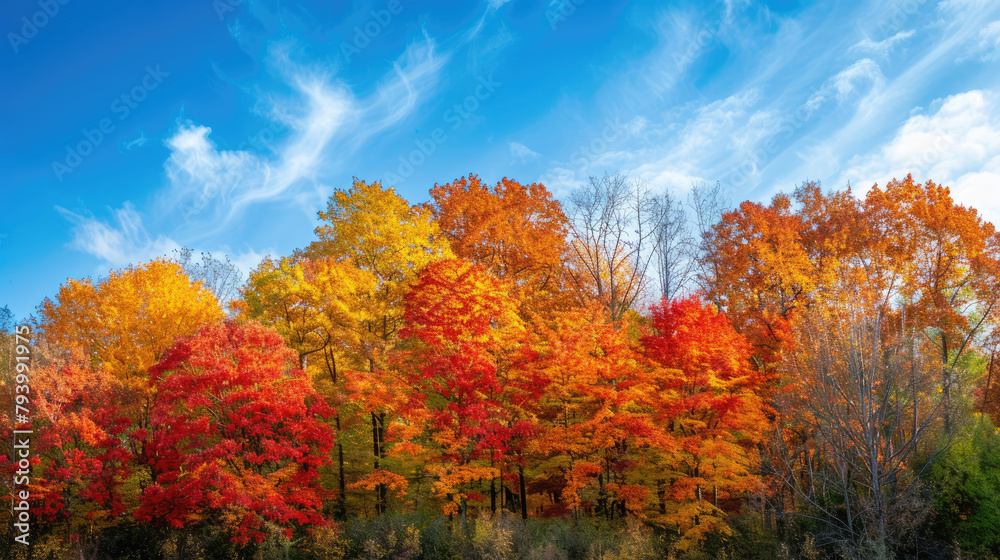 Warm light of autumn forest with trees in a spectrum of red, orange and yellow foliage against a bright blue sky