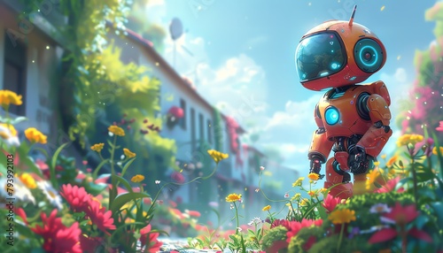 Illustrate a futuristic scenario where Robots interact with nature in a light-hearted, comedic tone Emphasize the contrast between advanced technology and the serene beauty of a natural landscape in a