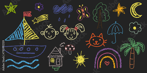 Set of vector drawings hand drawn with colored chalk on a blackboard. Cute flower, ship, umbrella, animal elements, house, trees, rain, children, palm tree. Cute preschool activity for kids