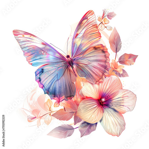 Vibrant Holographic Pink Butterfly and Flowers Clipart isolated on White Background