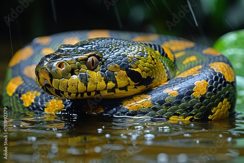 Green Anaconda: Coiled on riverbank with massive body, illustrating its role as apex predator.