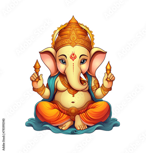 Vibrant cartoon of Lord Ganesha, the Hindu deity, in traditional attire, holding lamps, symbolizing wisdom and enlightenment. Generative AI