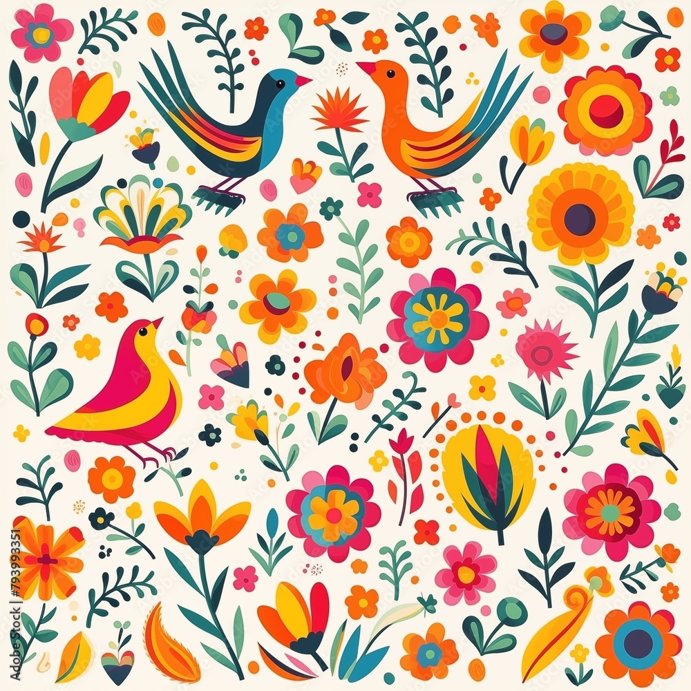Vibrant folk art style illustration with birds and a multitude of colorful flowers