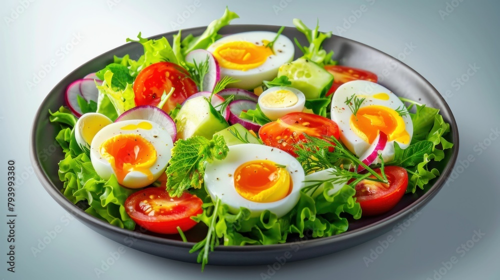 Fresh and healthy salad with hard boiled eggs, tomatoes, cucumbers and lettuce served on a plate