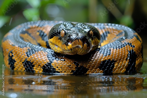 Green Anaconda: Coiled on riverbank with massive body, illustrating its role as apex predator.