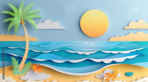 Paper art summer, Coastal serenity in paper cut style. © Sarawut