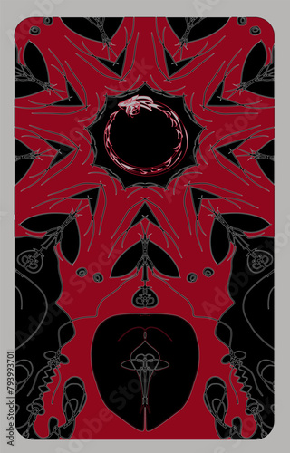 Ouroboros, serpent or dragon eating its own tail. Tarot cards back design, back side