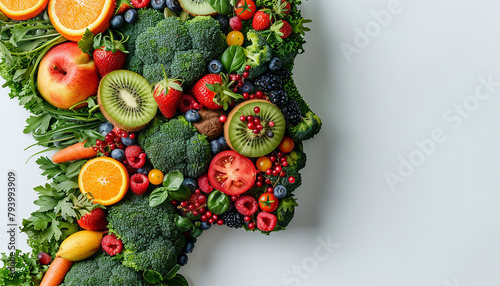 Lifestyle choice and dilemma concept as a human made of fresh green vegetables and fruit and the other head shaped with greasy fast food and fried foods as a symbol of nutrition. Creative food