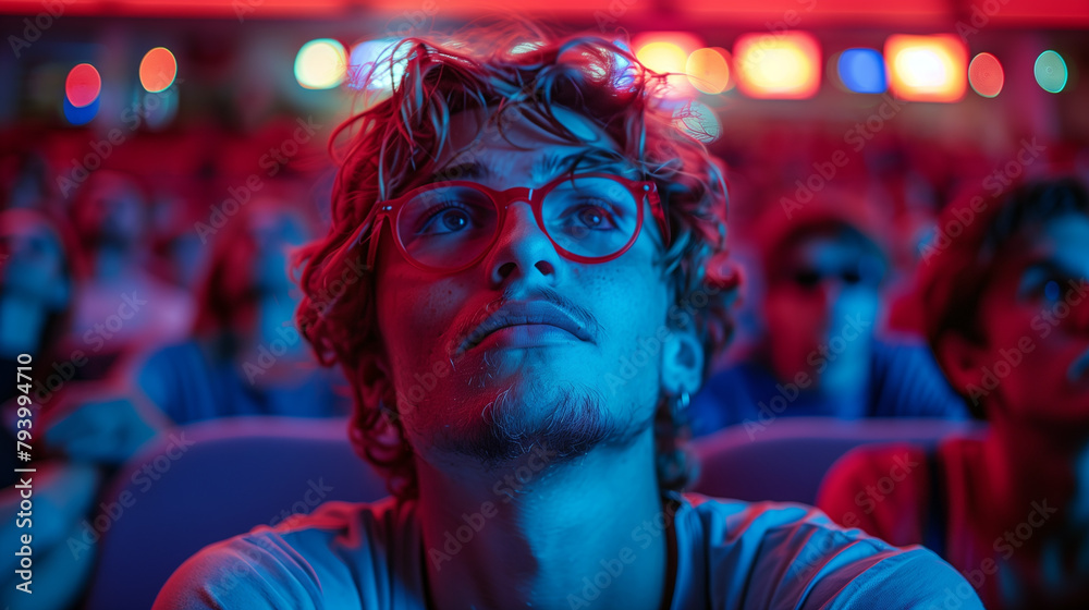 A young man watching a movie sitting in a cinema theatre.