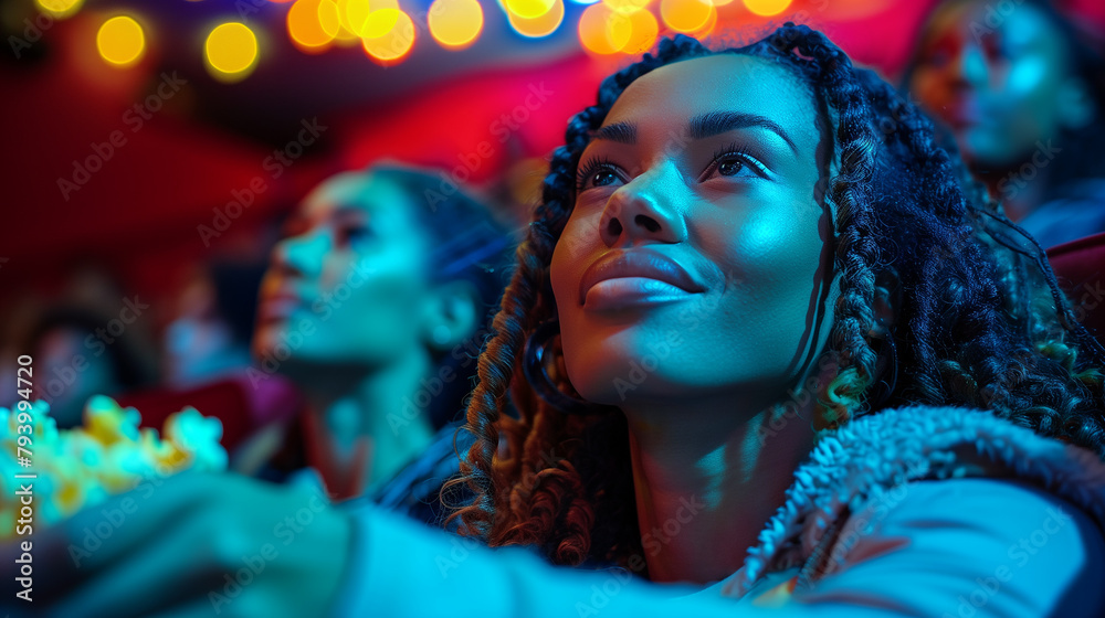 A beautiful young woman watching a movie sitting in a cinema theatre eating popcorn. A beautiful young woman watching a movie sitting in a cinema theatre eating popcorn.