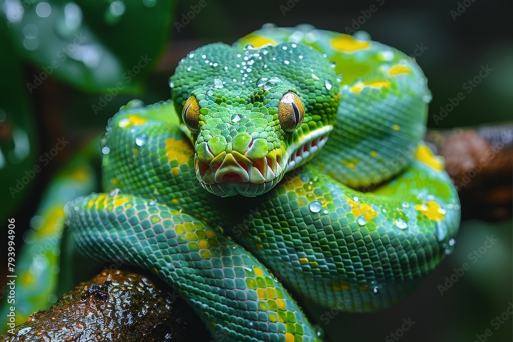 Green Tree Python: Wrapped around a branch with vibrant green scales, contrasting with the background Green Tree Python: Wrapped around a branch with vibrant green scales, contrasting with the background