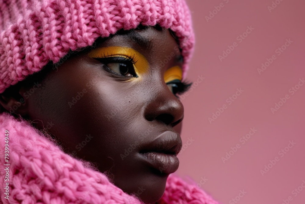 Stylish African American woman with yellow eyeshadow and pink knitted hat posing for the camera