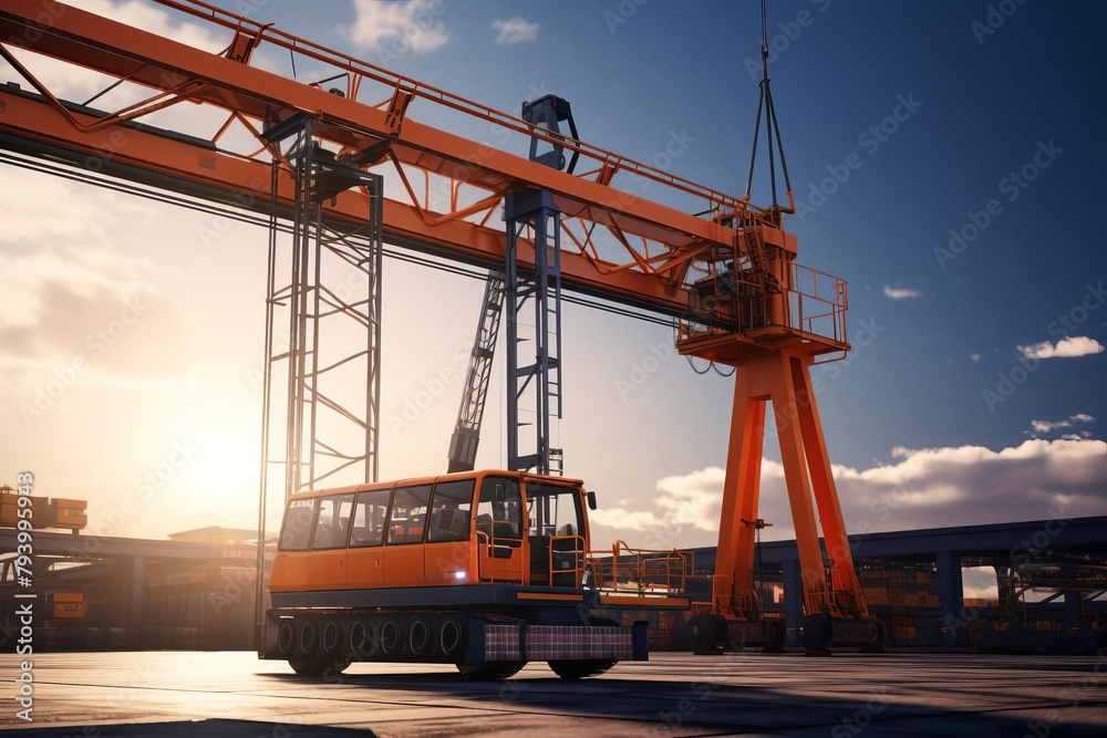 Realistic 3D visualization of a crane at work on a factory expansion project, featuring a smooth gradient background for a modern look