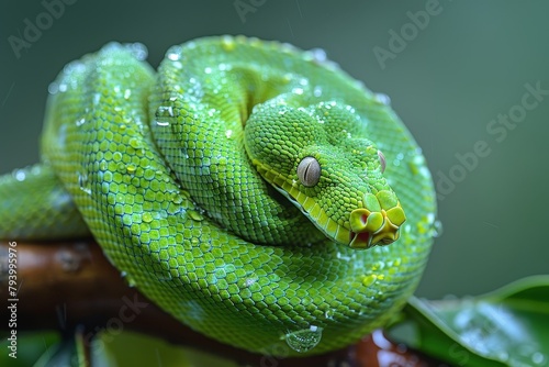 Green Tree Python: Wrapped around a branch with vibrant green scales, contrasting with the background 