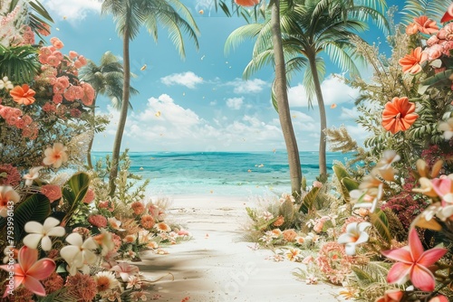 Beautiful tropical beach with palm trees, sea and sky background.