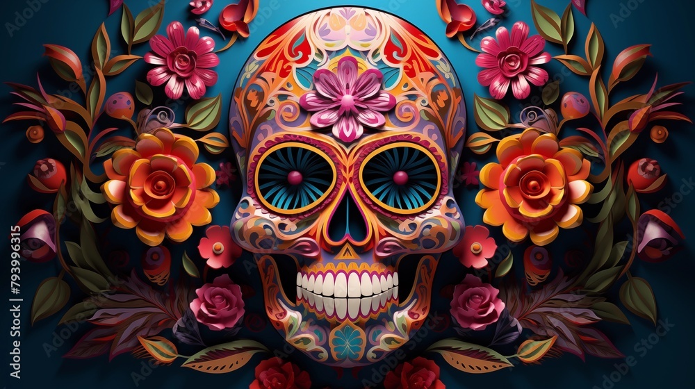 Colorful and Ornate Day of the Dead Sugar Skull Illustration with Vibrant Floral Motifs on a Dark Background