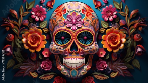 Colorful and Ornate Day of the Dead Sugar Skull Illustration with Vibrant Floral Motifs on a Dark Background