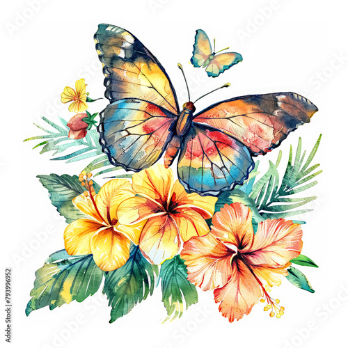 Watercolor Colorful Butterfly and Flowers Clipart isolated on White Background © ChinnishaArts
