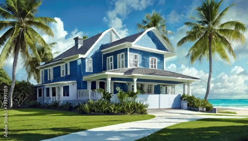 Coastal Paradise: Blue House with White Trim and Garage in Sunny Florida"