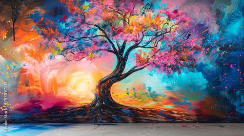 Colorful tree interior mural wall art decor