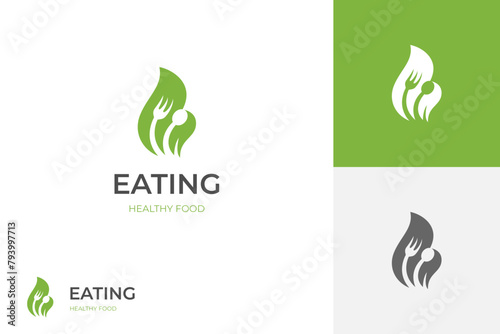 Healthy food vector logo template. Organic food vector icon design. Fork, spoon, and leaves shape