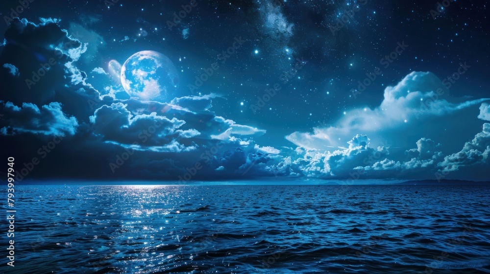 Fototapeta premium Blue sea and night sky Saw a big moon in the distance. beauty of nature