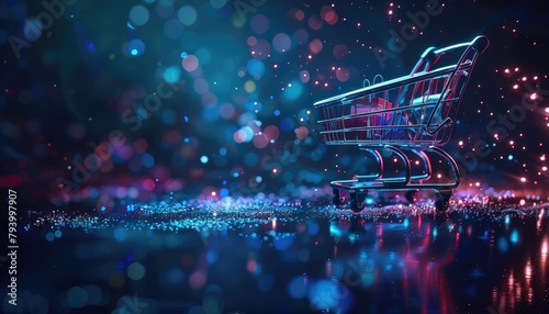 A shopping cart is shown in a digital image with a bright orange background by AI generated image photo