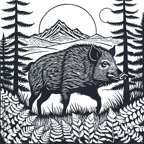 A wild boar in the forest. Vector illustration