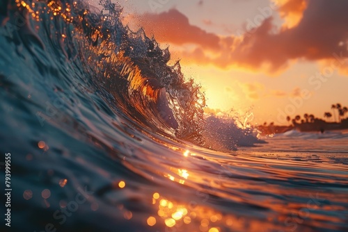 Surf wave in the ocean at sunset time.