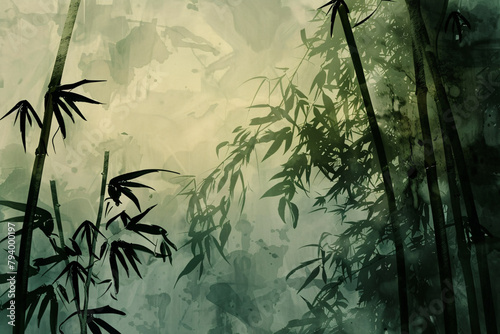 Greenish tint over bamboo forest painting in watercolor style