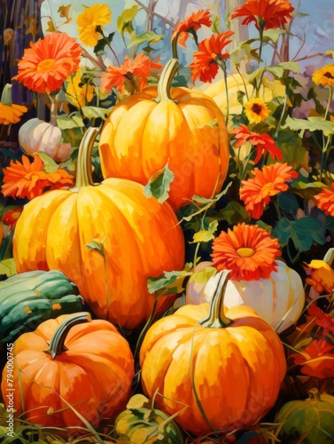 Harvest of orange and white pumpkins. Pumpkins  flowers  leaves rustic oil painting. Thanksgiving day and Halloween concept.