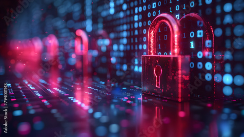 Red and Blue Cybersecurity Padlocks in Digital Space, Generative AI