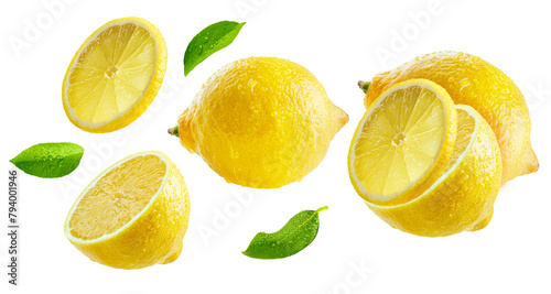 Studio advertising photo of a ripe, juicy lemon, lemon half, slice, leaves isolated. High resolution, professional high-quality retouching. Fresh citrus fruit collection isolated, full depth of field