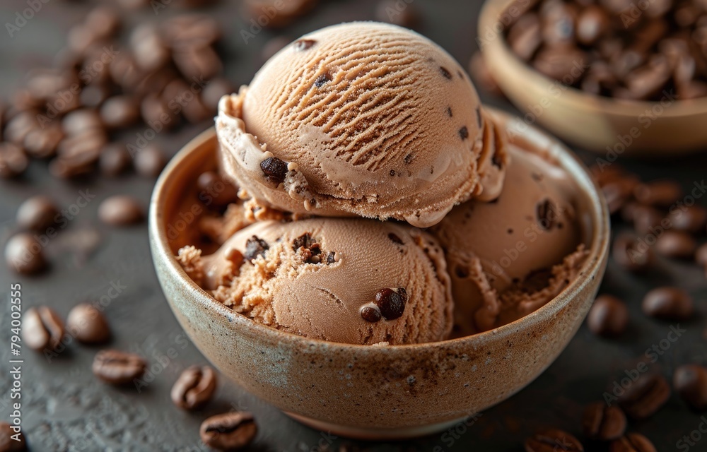 Close-up of a scoop of coffee ice cream, showing detailed texture of coffee bean flecks within the creamy base Close-up of a scoop of coffee ice cream, showing detailed texture of coffee bean flecks within the creamy base