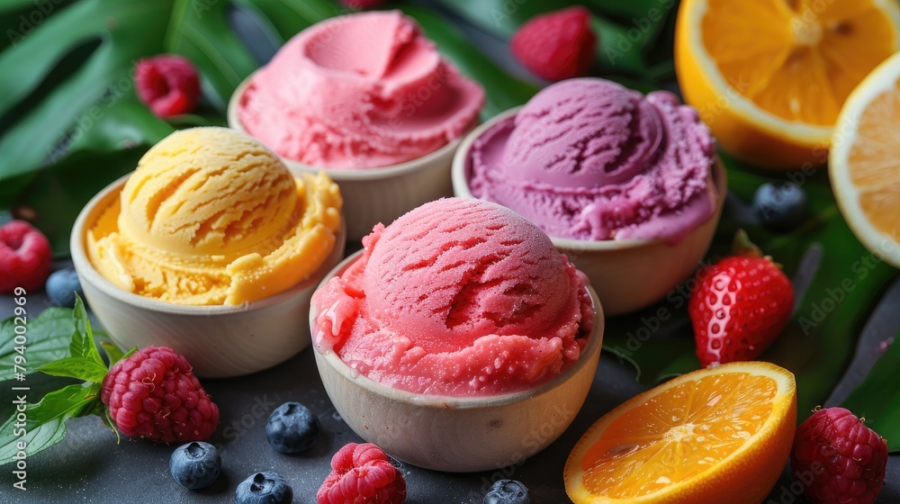 Flat lay of homemade vegan sorbet variety, in natural fruit shells (coconut, lemon, orange), tropical leaves backdrop
