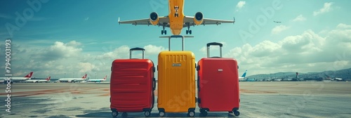 Takeoff Mood: Suitcases set against aircraft backdrop, wanderlust ignites.