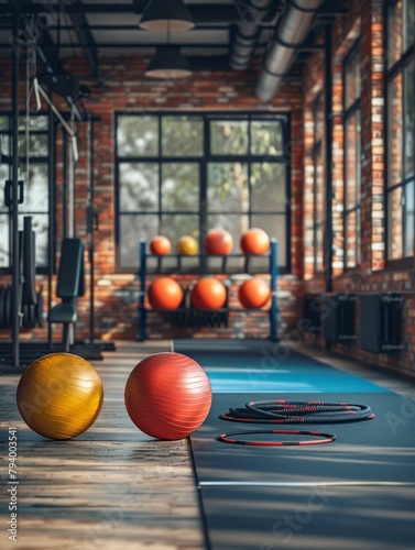 Minimalist gym environment with a focus on exercise essentials like resistance bands, jump ropes, and exercise balls.