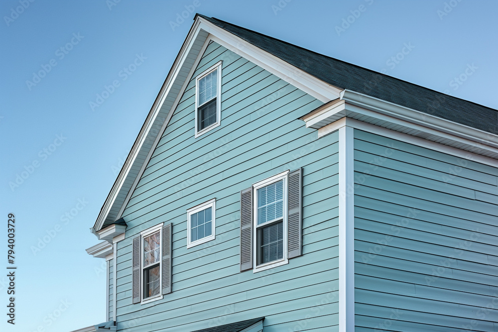 A tranquil teal gray house standing tall amidst the suburban landscape, its pale blue siding blending harmoniously with the traditional windows and shutters.