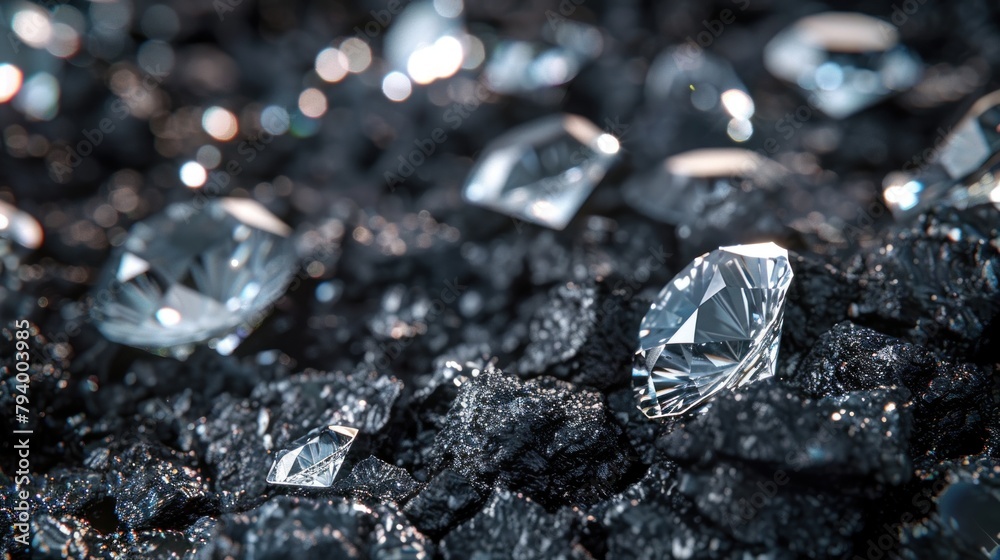 Macro photo. Diamonds on black coal background.