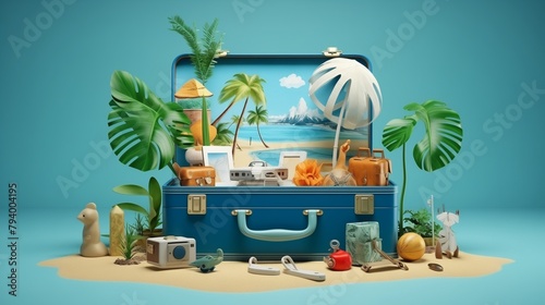 "Creative Summer Beach Composition in a Suitcase on Blue Background, Evoking Vacation Vibes in Realistic HD."