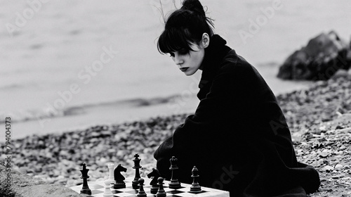 woman playing chess in the beach